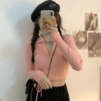 ราคา Dahong เสื้อแขนยาวไหมพรมผู้หญิงรัดรูป เสื้อครอปแขนยาวไหมพรมหน้าวี สายผูกเอว ครอปสายฝอ 51934 (20932090225)