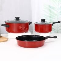 ราคา ชุดหม้อและกระทะ 3 ชิ้น สีแดง ชุดเครื่องครัวพกพา เคลือบTEFLONอย่างดี สามารถใช้กับเตาได้ทุกชนิด (8022568008)