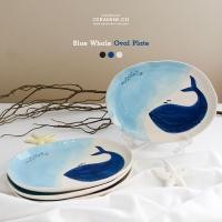 ราคา Blue Whale Oval Plate จานเซรามิคเนื้อหนา 9 นิ้วจานข้าว จานขนมจานใส่อาหาร จานเข้าไมโครเวฟได้ Hand painted (20808928139)