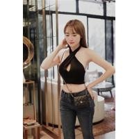 ราคา เสื้่อครอป คล้องคอแบบสายไขว้ เว้าาอก เป็นรูปทรงหยดน้ำ โชว์หลัง งานผ้าเรย่อน รัดรูป (12384391257)