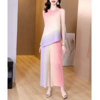 ราคา Issey Miyake 2023 Miyake จีบฤดูร้อนชุดระบายอากาศเย็นเสื้อเกาหลีสองชิ้นอารมณ์ลดอายุแฟชั่นลำลองกางเกงขากว้าง (19704139057)