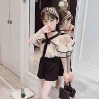ราคา ชุดผ้าชีฟองเปิดไหล่เสื้อและกางเกงขาสั้นสีบริสุทธิ์สำหรับเด็กหญิง2ชิ้นชุดเสื้อผ้า (7964034766)