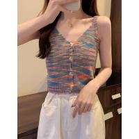 ราคา เสื้อไหมพรมผู้หญิงสีรุ้ง เสื้อแฟชั่นผู้หญิง เสื้อผ้าสายเดี่ยวกระดุมหน้า ผ้ายืด ผ้านิ่มใส่สบาย (19823831390)