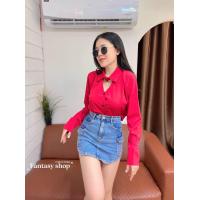 ราคา เสื้อครอปแขนยาว ดีเทลแต่งคอเว้าหน้า หลัง (19579153214)