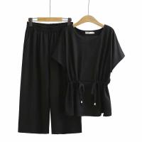 ราคา มีไซส์ใหญ่ Plus Size Women Fashion Set womens Solid Summer Wear New Short Sleeve Top Cropped Pants Two piece Suit (2480428035)