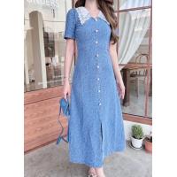 ราคา ป้าย Love lady เดรสยีนส์ยาวคอปกลูกไม้ ผ้ายีนส์ทอลายหัวใจสวยๆน่ารัก (20572830119)