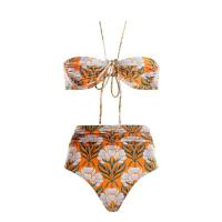 ราคา 3pcs set Halter Strap Bikini Bathing Suits Women Swimwear Pleated Ring Swimsuit With Cover Up Orange Flower Print Lace up Beachwear (19948405221)