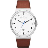 ราคา Skagen Mens Ancher Quartz Analog Stainless Steel and Leather Watch Color Silver Brown Model SKW6082 (16984269191)