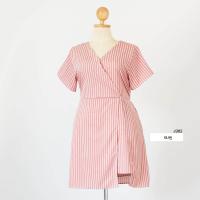 ราคา J362 จั๊มผ้าไหมอิตาลีขาสั้นแต่งกระโปรงผ่าข้างลายริ้ว ยาว37 (20487279930)