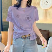 ราคา เสื้อยืดแขนสั้นสีม่วงพิมพ์ลายดอกทานตะวันสำหรับผู้หญิงเสื้อยืดสไตล์ยุโรป2023ฤดูร้อน (19455394900)