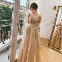ราคา ชุดราตรีดาวที่สง่างามสง่างามงานเลี้ยงประชุมประจำปีหญิงชุดสีสันสีทองส่วนยาวสง่างามแชมเปญ (17360743518)