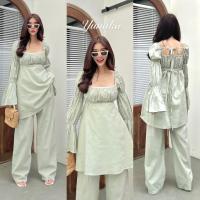 ราคา ชุดเซต 2 ชิ้น งานสวยเนื้อผ้าลินินผสม เนื้อผ้าใส่สบาย มีสายผูกโบว์ ส่วนกางเกงเอวยางยืดเส้นใหญ่ใส่สบาย ชุดเซ็ต Yunaka (14513950178)