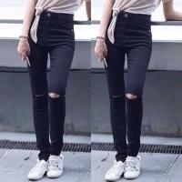 ราคา กางเกงยีนส์ผู้หญิง กางเกงขาเดฟ เอวสูง ผ้ายืด ขาดเข่า2 ข้าง ใส่สบาย สีดำซูเปอร์แบล็ค (16159145418)