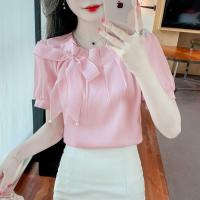 ราคา เสื้อเชิ้ตผ้าชีฟองโบว์สีชมพูสำหรับผู้หญิงรุ่นใหม่เสื้อแขนพอง (21082991447)