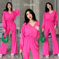 ราคา เซต 2 ชิ้น เสื้อแขนยาวทรงครอปนิดๆจั้มปลายเสื้อปลายแขน คอวี มาคู่กับกางเกงขายาว ชุดเซต ชุดเซ็ท Yunaka (16219631988)