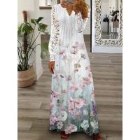 ราคา Spring Summer Womens Fashion Print Loose Sleeve Dress 2023 Elegant Womens White V neck Lace Edge Long Dresses Vestidos S 5XL (19672113925)