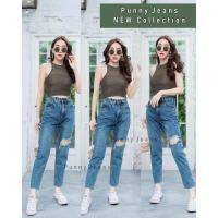 ราคา กางเกงยีนส์ทรงบอยขากระบอกสียีนส์ฟอกแต่งขาดเข่าข้างเดียว งานป้าย Punny S M L Xl 34 36 เผื่อ1ไซส์นะค่ะผ้าไม่ยืดสสใจสั่งได้ค่ะ (11398796859)