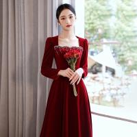 ราคา Glary Star เจ้าสาวชุดเดรสงานเลี้ยงกำมะหยี่สีแดงไวน์งานหมั้นการชื่นชมชุดราตรีชุดเดรสงานเลี้ยงเอวฝรั่งเศส (18089015372)