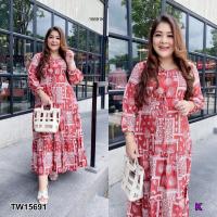 ราคา TW15691 เดรส Bigsize แขนยาวรูดเอวพิมลาย Bigsize dress long sleeves drawstring waist printed pattern (9662633543)