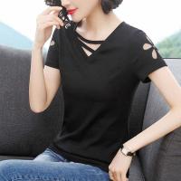 ราคา เสื้อยืดแขนสั้นของผู้หญิงเสื้อทรงหลวมคอวีสีดำลายฉลุสำหรับฤดูร้อน (10162143862)