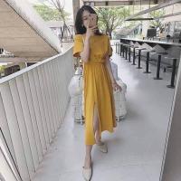 ราคา แม็กซี่เดรสคอกลมแขนสั้น เนื้อผ้ายืดเรย่อน ทิ้งตัวสวยชายกระโปรงผ่า รอบเอวสม็อค ฟรีไซส์ (19726229609)