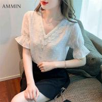 ราคา AMMIN เสื้อผ้าชีฟองปักลูกไม้แขนสั้นผู้หญิงชุดเดรสคอวีปักลูกไม้เสื้อท่อนบนลายลูกไม้ฤดูร้อนใหม่ (18031149559)