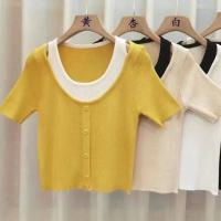 ราคา CF0616 เสื้อไหมพรมแขนสั้น เสื้อคล้าย 2 ชิ้น สีทูโทน 72012 (18997763651)