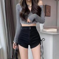 ราคา กางเกงยีนส์ขาสั้นสีดำ มีเชือกรูดข้าง กางเกงยีนส์ขาสั้น กางเกงยีนส์ลำลอง กางเกงยีนส์ (18508307454)