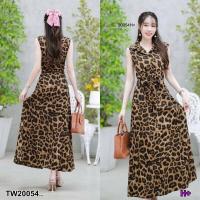 ราคา เดรสปกเชิ้ตแขนกุด ลายเสือติดกระดุมสีดำด้านหน้าแหวกได้ CL20054 (20805475543)