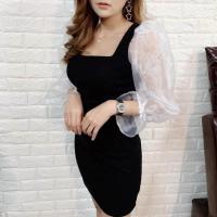 ราคา เดรสคอเหลี่ยมแต่งแขนผ้าแก้ว (15353351264)
