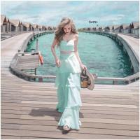 ราคา TW11417 Set 2 ชิ้น เสื้อเกาะอกผูกโบว์หลัง กางเกงขาระบายยาว (1759450138)