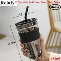 ราคา 450ml Large Capacity Lead Free Glass Straw Mug with Cup Sleeve and Lid Coffee Cup Juice Glass Cute Coffee Mugs Milk Cups Tea Cup for Home and Office Outdoor Drinkware (21107240868)
