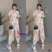 ราคา TW18616 Jumpsuit จั้มสูทแขนสั้น ขายาวกว้าง ลายดอกไม้ สายผูกเอว (18822202512)