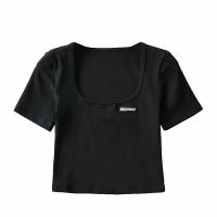 ราคา เสื้อยืดคอกลมแขนสั้นสีทึบตัดต่ำผู้หญิงสีดำสีขาวและสีเทา (15365038949)