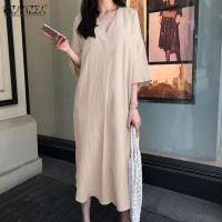 ราคา จัดส่งฟรี Esolo ZANZEA ชุดซันเดรสคอวีแขน3 4ลำลองสำหรับผู้หญิงชุดกระโปรงยาวประมาณเข่าชายหาดทึบ 8 (20344265399)