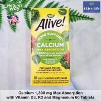 ราคา อาหารเสริมแคลเซียม บำรุงกระดูก วิตามินดี วิตามินเค แมกนีเซียม Alive Calcium Max Absorption 1300 mg with Vitamin D3 K2 and Magnesium 60 Tablets Natures Way (20147289395)