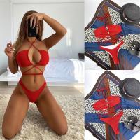 ราคา Floral Print Backless Bandage Women Swimsuits Candy Color Hollow Ruffles Swimwear (16494771158)