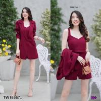 ราคา PP18667 set 3 ชิ้น เสื้อสูทแขนยาว เสื้อครอปสายเดี่ยว กางเกงขาสั้นสีพื้น (20697611212)