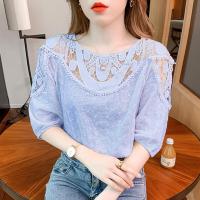 ราคา YIGE เสื้อชีฟองสีฟ้า2023สไตล์ใหม่อเนกประสงค์สำหรับฤดูร้อนเสื้อท่อนบนลายลูกไม้ผู้หญิงแฟชั่นเสื้อปักลายดอกไม้กลวงออกสำหรับผู้หญิง (17762163125)
