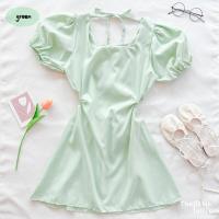 ราคา เดรสแขนตุ๊กตาคอเหลี่ยมเว้าเอว ผูกโบว์หลัง โชว์หลังแบบคิ้วทึ (17376921960)