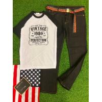 ราคา เสื้อทูโทน กางเกงยีนส์มิดไนท์ขากระบอกชุดเชต สไตล์วินเทจมีไชส์ใหญ่จ้า (15916962356)