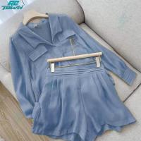 ราคา ชุดกางเกงขาสั้น2ชิ้นสำหรับเสื้อเชิ้ตสีทึบเสื้อแขนยาวชุดเสื้อเชิ้ตกางเกงขาสั้นของผู้หญิงชุด2ชิ้นแบบหลวมลำลองขนาดใหญ่ (18523535501)