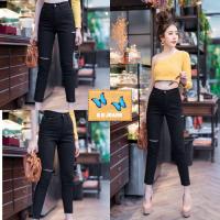 ราคา paipai shop พร้อมส่ง กางเกงยีนส์ขายาว ทรงเดฟ ผ้ายืดใส่สบาย แต่งขาดข้างและเข่าตัดปลายขา S M L XL ครบไซส์ มีบริการเก็บเงินปลายทางจ้า (8568933615)