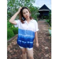 ราคา เสื้อเชิ้ตมัดย้อม ผ้าสปัน ย้อมคราม ลายคลื่น (804734861)