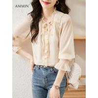 ราคา AMMIN 2022ฤดูใบไม้ร่วงใหม่คอวีกับโบว์ผูกออกแบบเสื้อชีฟองแขนยาวของผู้หญิงสไตล์เกาหลีหวานนัวเนียเย็บแขนโคมไฟย้อนยุคเสื้อที่สง่างามหญิง Ins ท็อปส์ (16146346461)