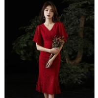 ราคา ชุดขนมปังปิ้งหางปลาสำหรับเจ้าสาว 2022 ใหม่ฤดูร้อนงานแต่งงานสีไวน์แดงดูผอมความยาวปานกลางชุดราตรีสำหรับผู้หญิง (20983941433)