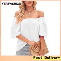 ราคา Yesfashion Store IN stock Women Off shoulder Shirt Ruffle Short sleeve Solid Color Blouse Comfortable Casual T shirt Pullover Top (21186806161)