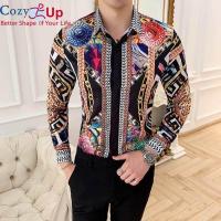 ราคา Cozy Up Men Vintage Cotton Slim Shirt Geometric Patchwork Classic Collar White Long Sleeve (601436372)