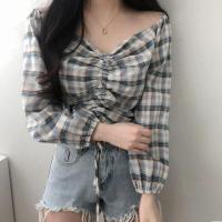 ราคา Autumn Women V neck Strapless Drawstring Long Sleeve Shirt (16565387914)