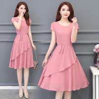 ราคา M 4XL Korean Women Ladies Short Sleeve Slim Bodycon Plain round Neck Summer Midi Dress Plus size Cotton Pink (20030490757)
